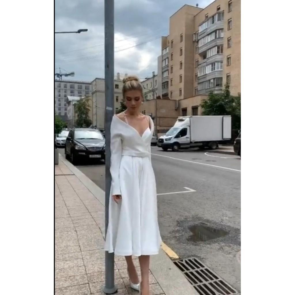 

Женские элегантные длинные рукава плиссированные V-образным вырезом миди длинное платье невесты подружки невесты свадебные платья