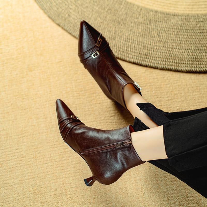 Fashion NEW Autumn/Winter Women Boots Pointed Toe Kitten Heel Shoes Split Leather Shoes Women Zip Ankle Boots Belt Buckle Modern Boots