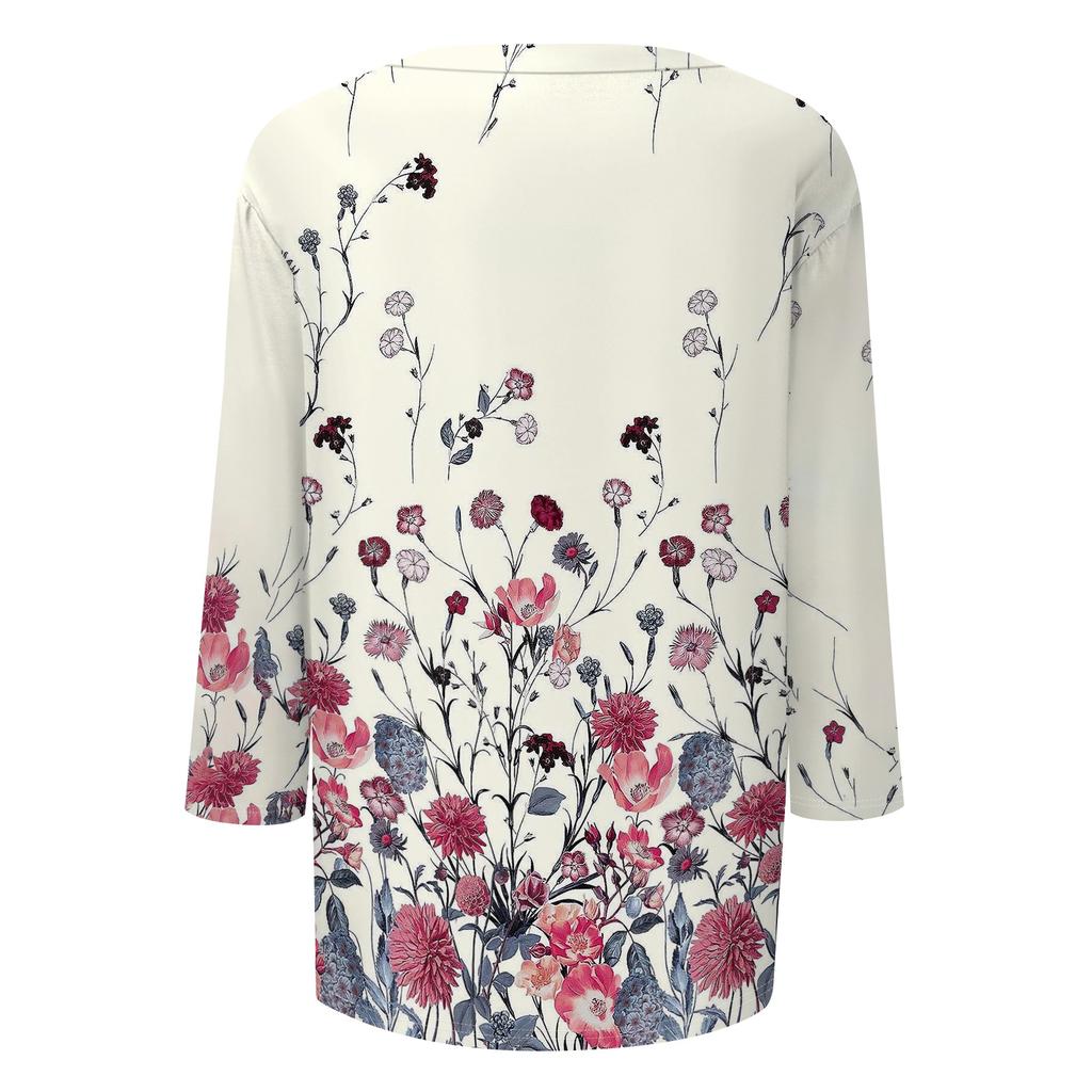 Women Casual Floral Print Three Quarter Sleeve Round Neck Top Lightweight Soft Fabric Relaxed Fit Blouse for Everyday Wear