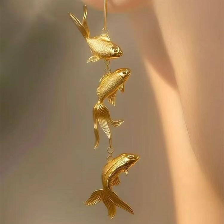 New Chinese Gold Koi Earrings, Retro National Style Three-dimensional Goldfish Fringed Long Cheongsam Horse Face Skirt Earrings Accessories