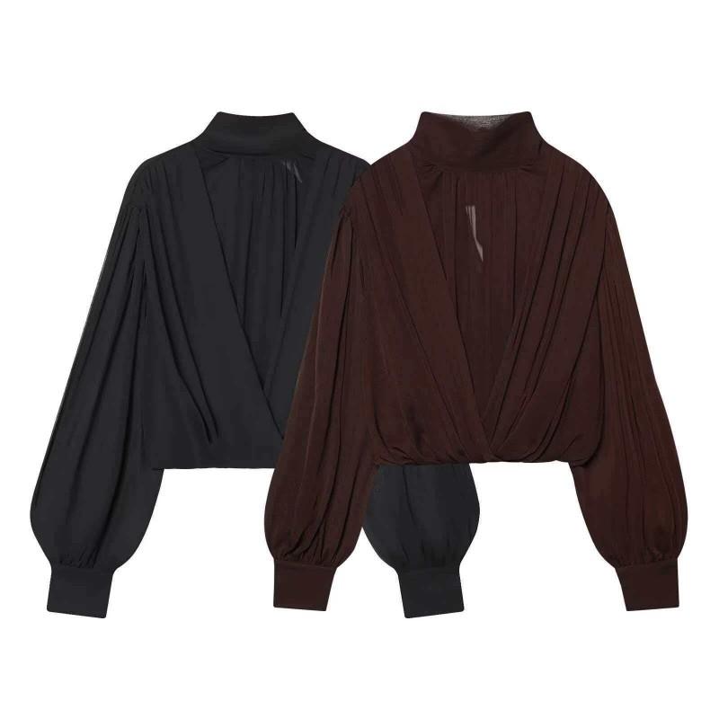 Womens Elegant Sheer Bow Collar Lantern Sleeve Blouse Classic Solid Color Office Wear