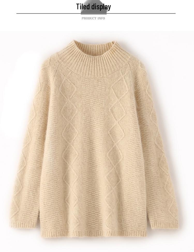 Women's Mink Cashmere Sweater, Semi-High Neck, Thick Loose Knit Pullover