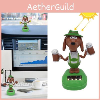 Cute Solar Energy Swing Dancing Beer Dog Car Ornament Office Desk Toy Green Vinyl