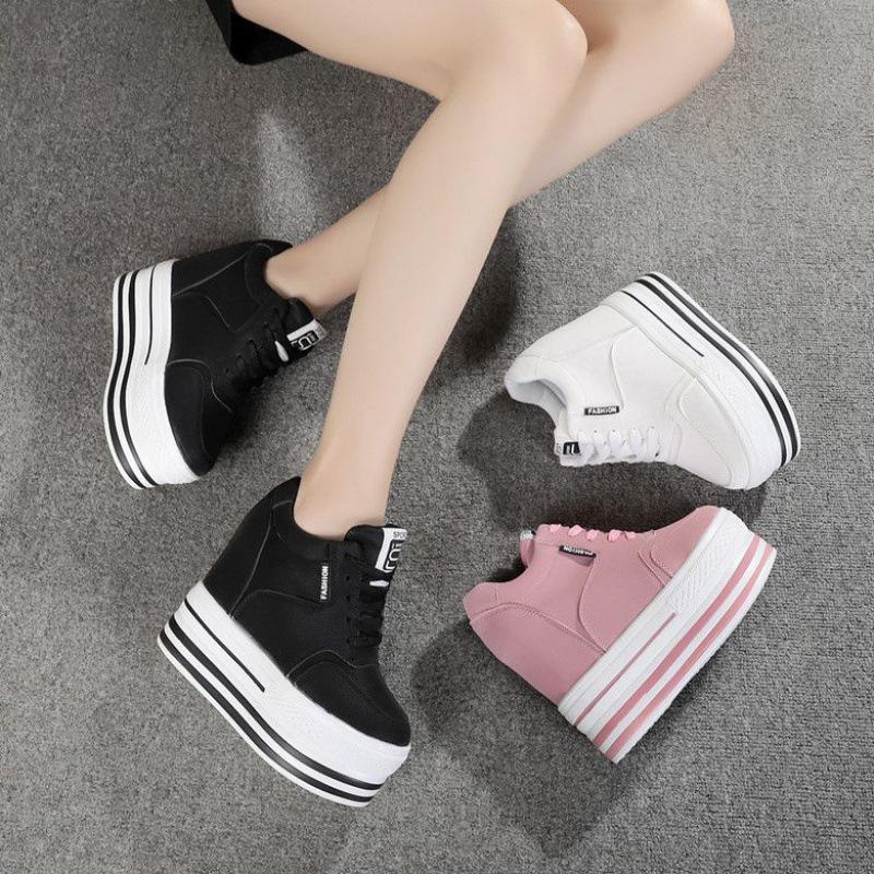 Women's 11cm Wedge Heel Casual Platform Sneakers - Korean Style White