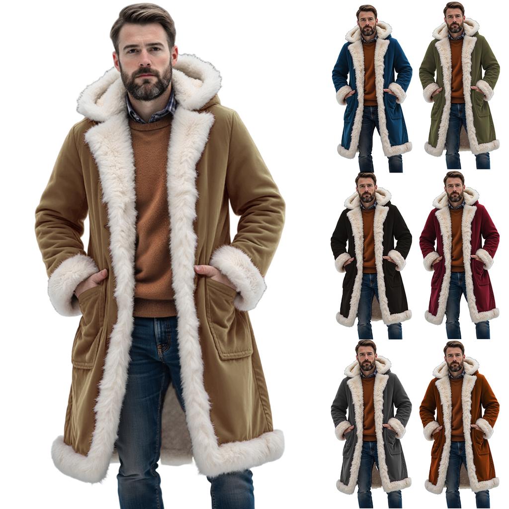 Men Fleece Lined Trench Coat Hooded Long Warm Jacket Wind Proof  Jacket Coat With Pockets