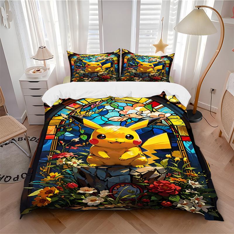 

3pc Pikachu StainedGlass Bedding Set Guest Room Bedroom Decor Christmas Halloween Decor Birthday and Holiday Gifts- All Seasons 3pcs Quilt 053 135x200cm