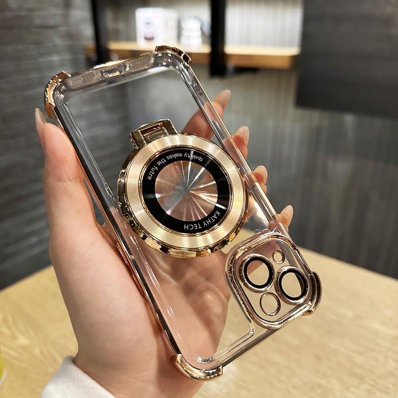 Luxury Magnetic Plating Stand Shockproof Clear Case  For iPhone 17 16 15 14 13 12 11 Pro Max Plus Shockproof Acrylic Back Cover