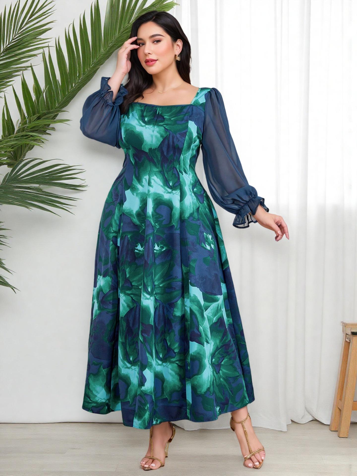 

Dubai Elegant Islamic Long Sleeve Plus Size Chiffon Dress - Waist-cinching Printed Evening Wear XL темно-зелений колір