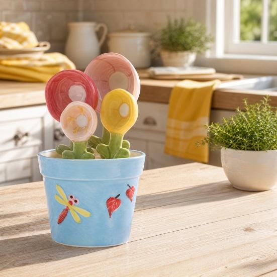 4Pcs Flower Measuring Spoons Set, Ceramic Nesting Measuring Cups with Stand, Cute Kitchen Baking Tool for Coffee Tea, Gift for Bakers