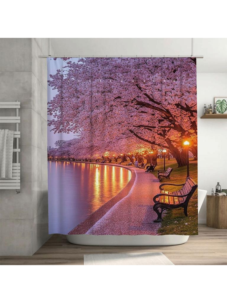 Cherry Blossom Path by the Lake Waterproof Shower Curtain Heat Resistant Machine Washable Non-Transparent 180x180cm