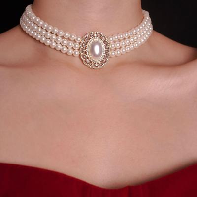 European and American Multi-layer Round Diamond-encrusted Flower Pearl Necklace Light Luxury Collarbone Chain Retro Versatile Item Decoration
