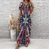 Women Plus Size V Neck Short Sleeve Tropical Leaf Printed Straight Long Dress