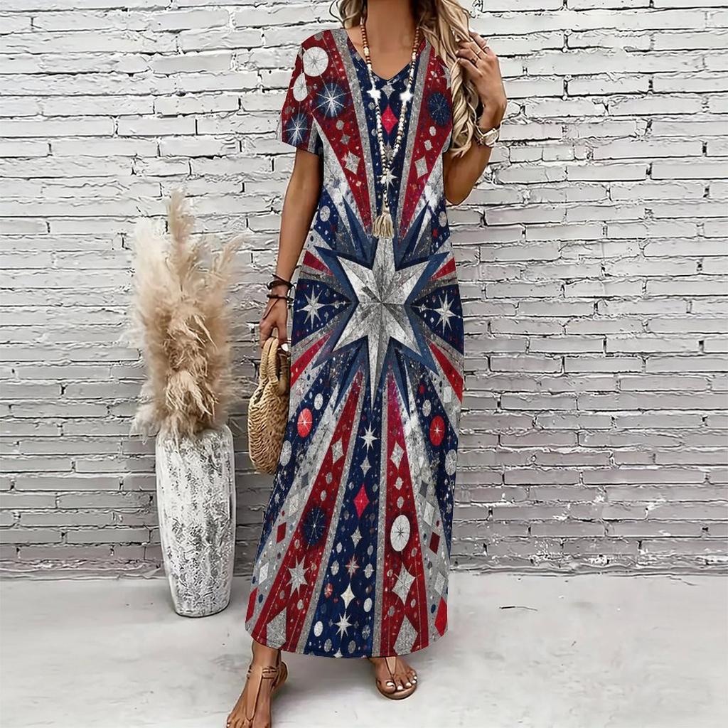 Women Plus Size V Neck Short Sleeve Tropical Leaf Printed Straight Long Dress