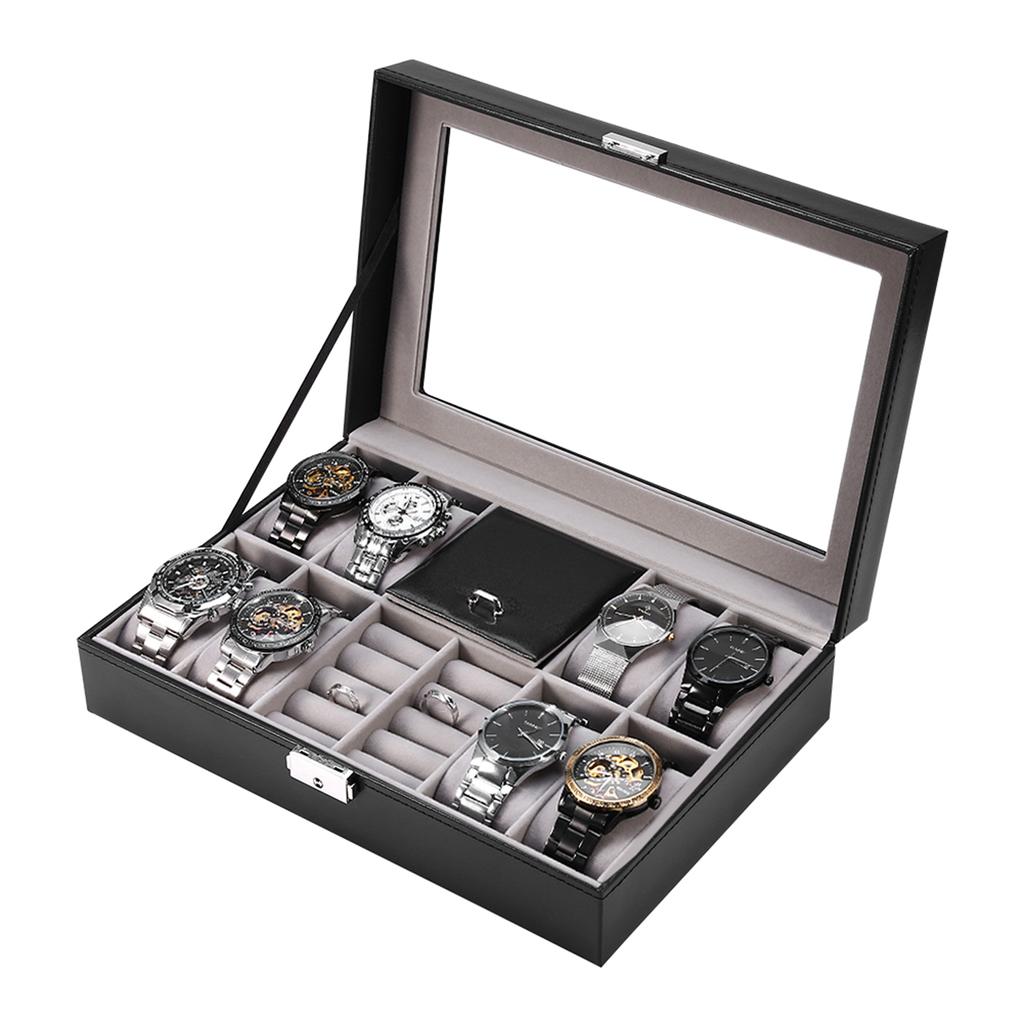 Multi Functional 8 Slots 2 Grids Watch Display Case Ring Jewelry Storage Box Organizer