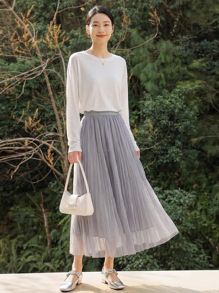 Feiyuan Women's Versatile Pleated Mesh Midi Skirt - Early Spring, Breathable, Large Hem, Commuter Style.