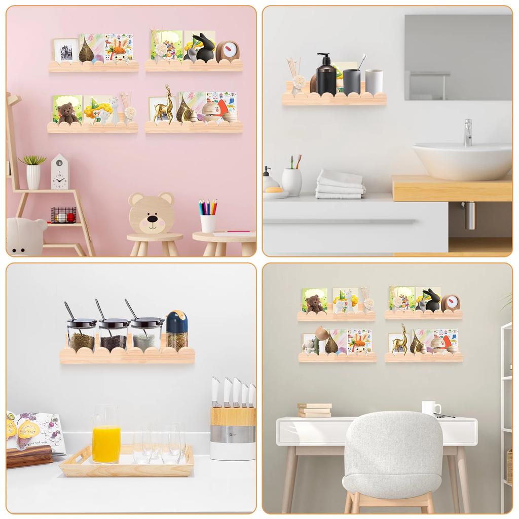 3/4Pcs Scalloped Wood Wall Storage Shelf Strong Load Bearing Wooden Floating Wall Shelf With Hook Decorative Display Shelf