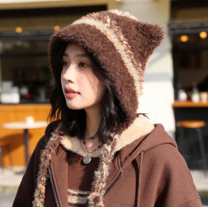 Autumn and winter hats, women's warm and cute cat ear wool hats, knitted hats, versatile and face-showing small literary headgear tide