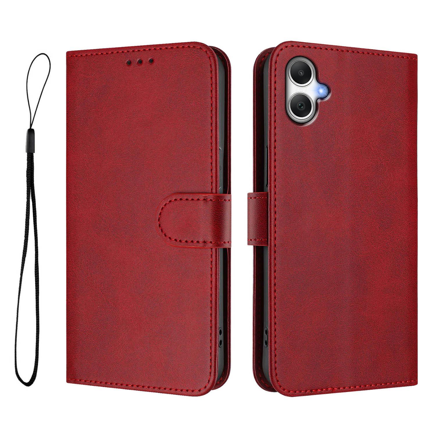 

For Samsung Galaxy A06 5G/Galaxy A06 4G Wallet Case RFID Blocking Calf Texture Leather Stand Phone Cover with Strap Wine Red