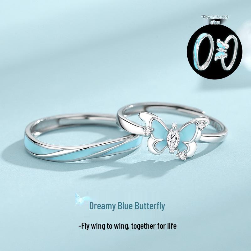Blue Butterfly Luminous Couple Rings - S925 Sterling Silver with Enamel Design, Adjustable Size. Female Ring