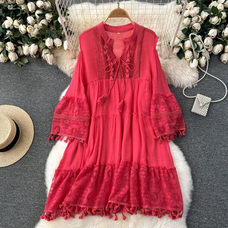 

Korean Style Early Spring Wear Holiday Dress Women s Stylish Cut Out Bell Sleeve Tassels Loose-Fitting Slim Looking Lace Skirt Pink XL