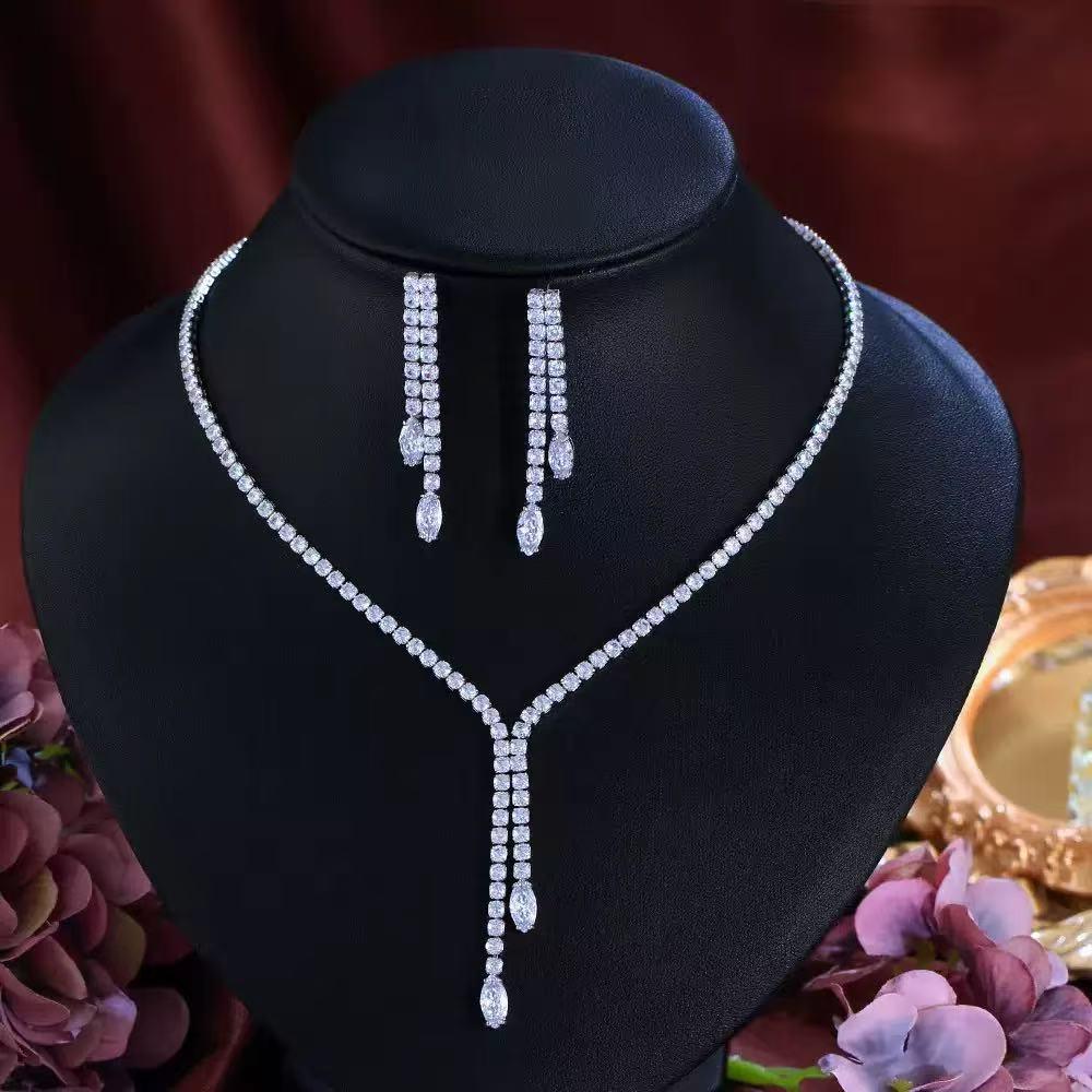 Sparkling Diamond Necklace and Earrings Set for Bride - Elegant Wedding and Evening Jewelry