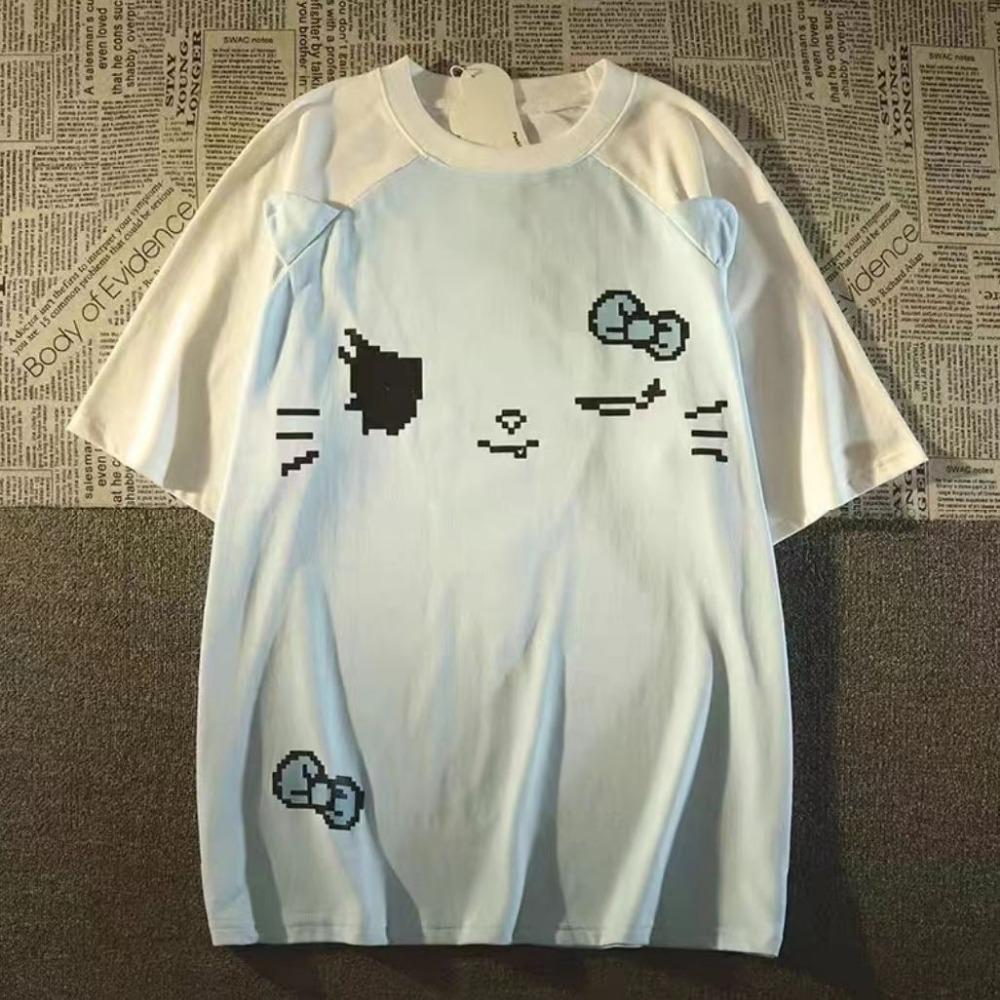 Y2k Aesthetic Contrast Color T-shirt Harajuku Vintage Skull Tops Women Kawaii Print Casual Loose Fairy Grunge Streetwear Tops