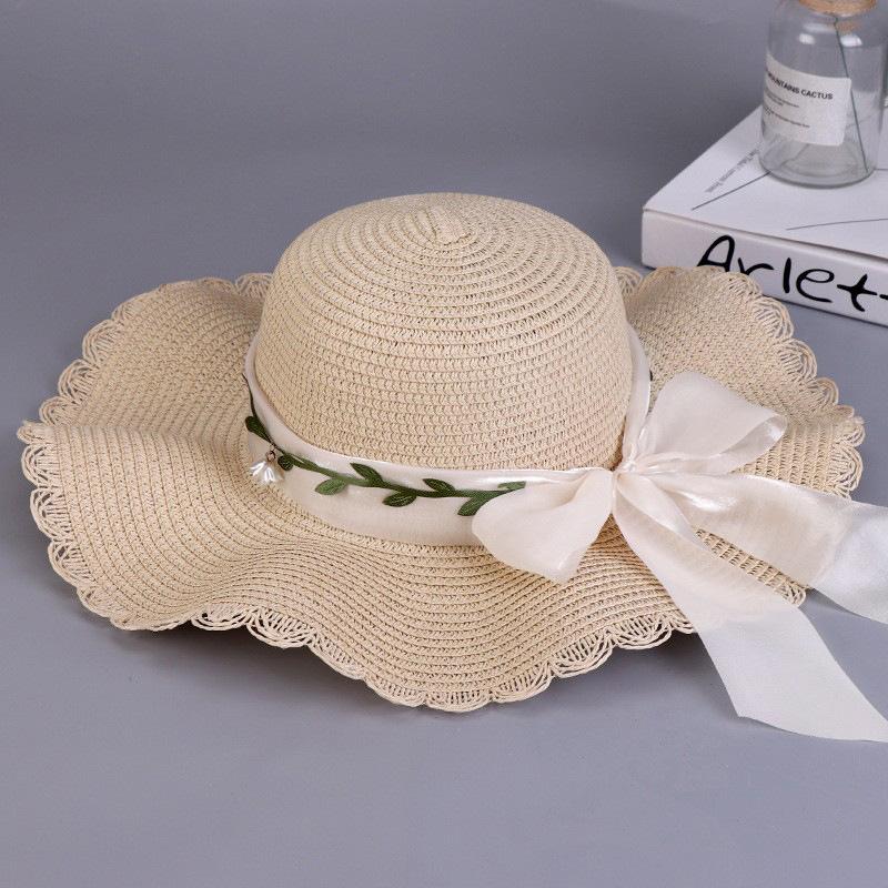 Sommer Damen Schleife Stroh Große Welle Strand Strohhut Outdoor Atmungsaktiv Sonnenschutzhut