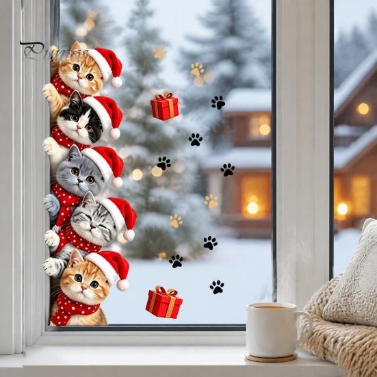 Holiday Decorative Door Clings Christmas Cat Sticker, Cute Santa Hat Kittens Wall Decal, Self Family Festive Interior Decorations Adhesive Waterproof