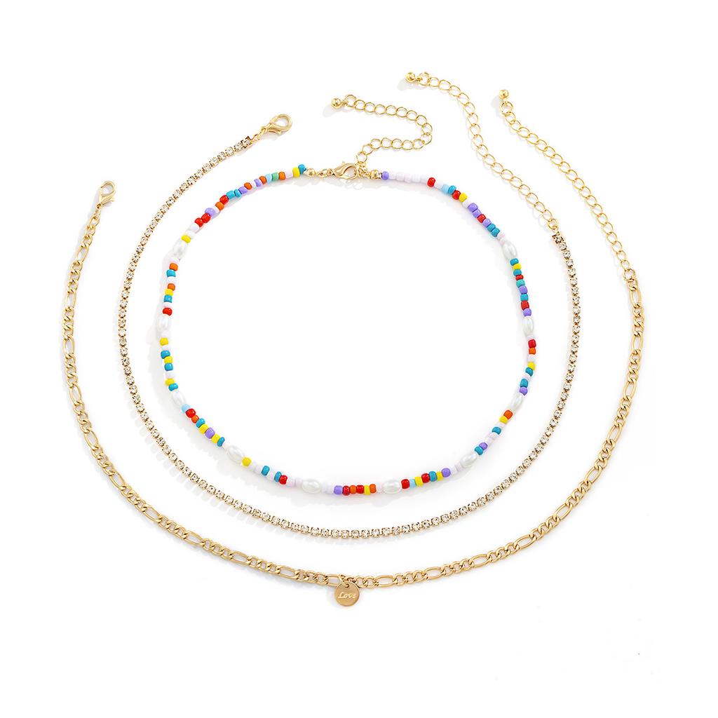 Jewelry, claw chain metal letter sequined item, ethnic color rice bead imitation pearl multi-layer necklace
