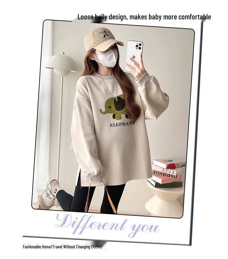 2025 Spring-Autumn Maternity Two-Piece Set: Grey & White Elephant Slit Sweatshirt with Long Sleeves
