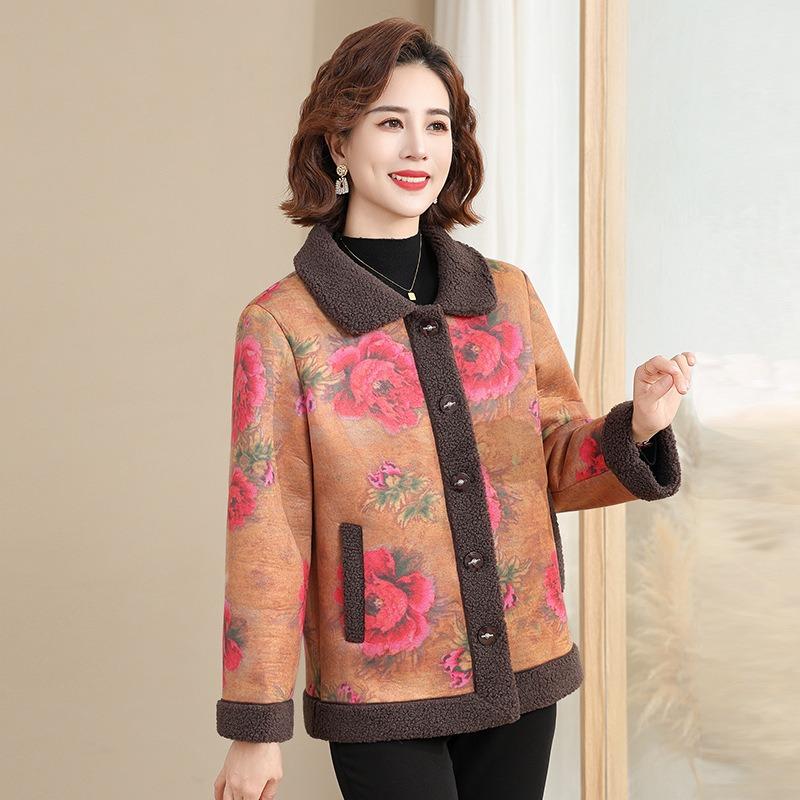 Winter fur integrated short cotton jacket women s fleece lapel jacket women s warm padded jacket XL (recommended within 52.5kg)