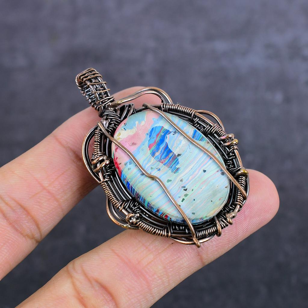 Rainbow Calsilica Gemstone Handmade Copper Wire Wrap Jewelry Pendant 2.29" T9A61