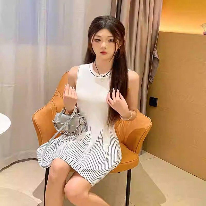 Minimalist Striped Sleeveless Knit Midi Dress with Waist-Cinching Design for Women