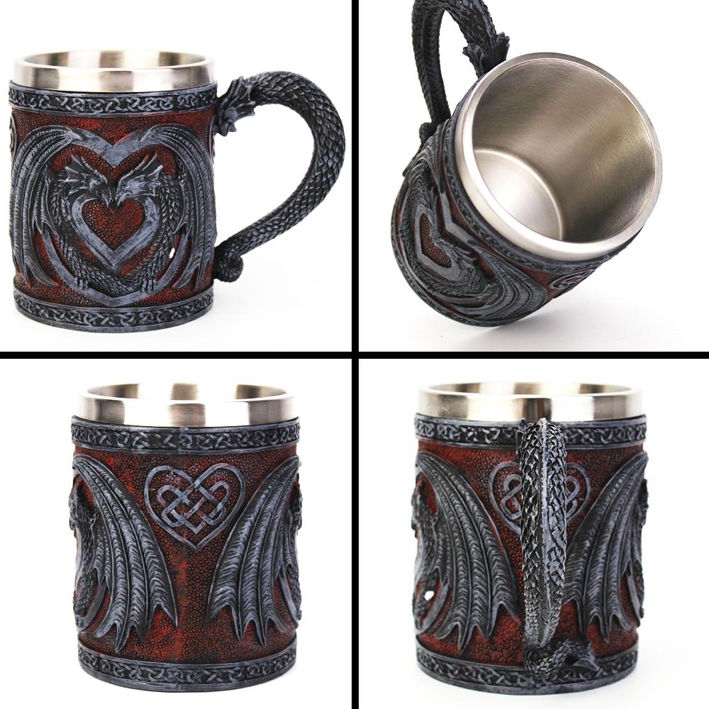 Medieval Double Dragon Wine Goblet Stainless Steel Beer Cup Drinking Vessel Double Dragon Heart Goblet/Mug Halloween Gift