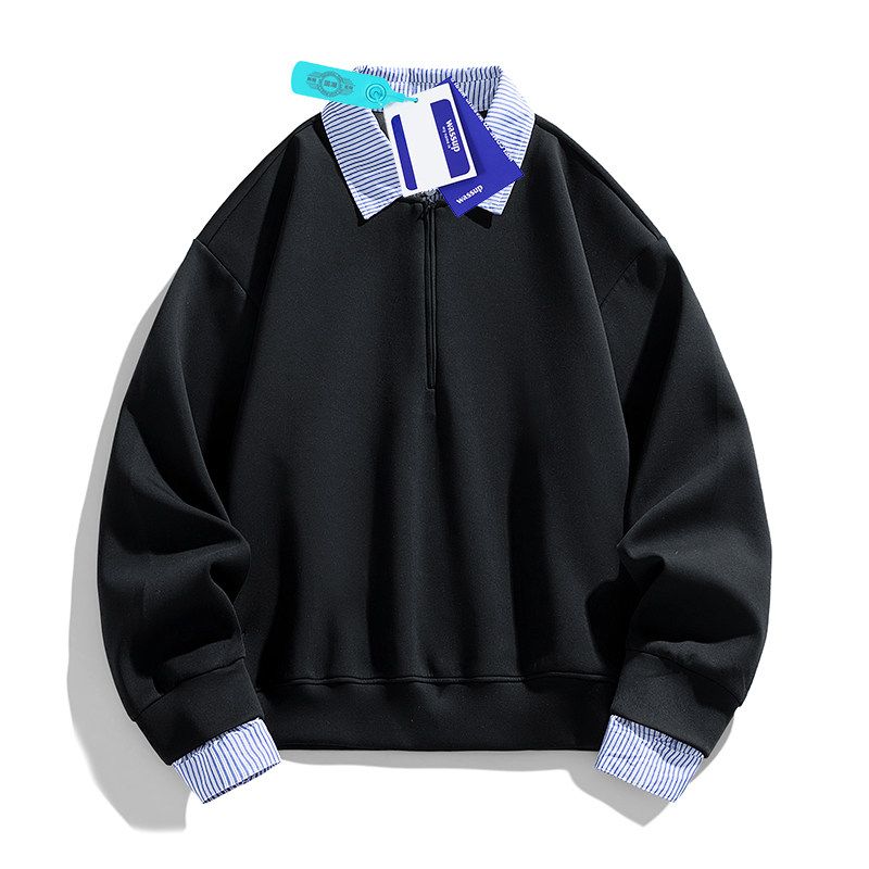 Wassup Retro Striped Patchwork Lapel Fake Two-Piece Sweatshirt for Women, Autumn Gray Loose Lazy Style American Top