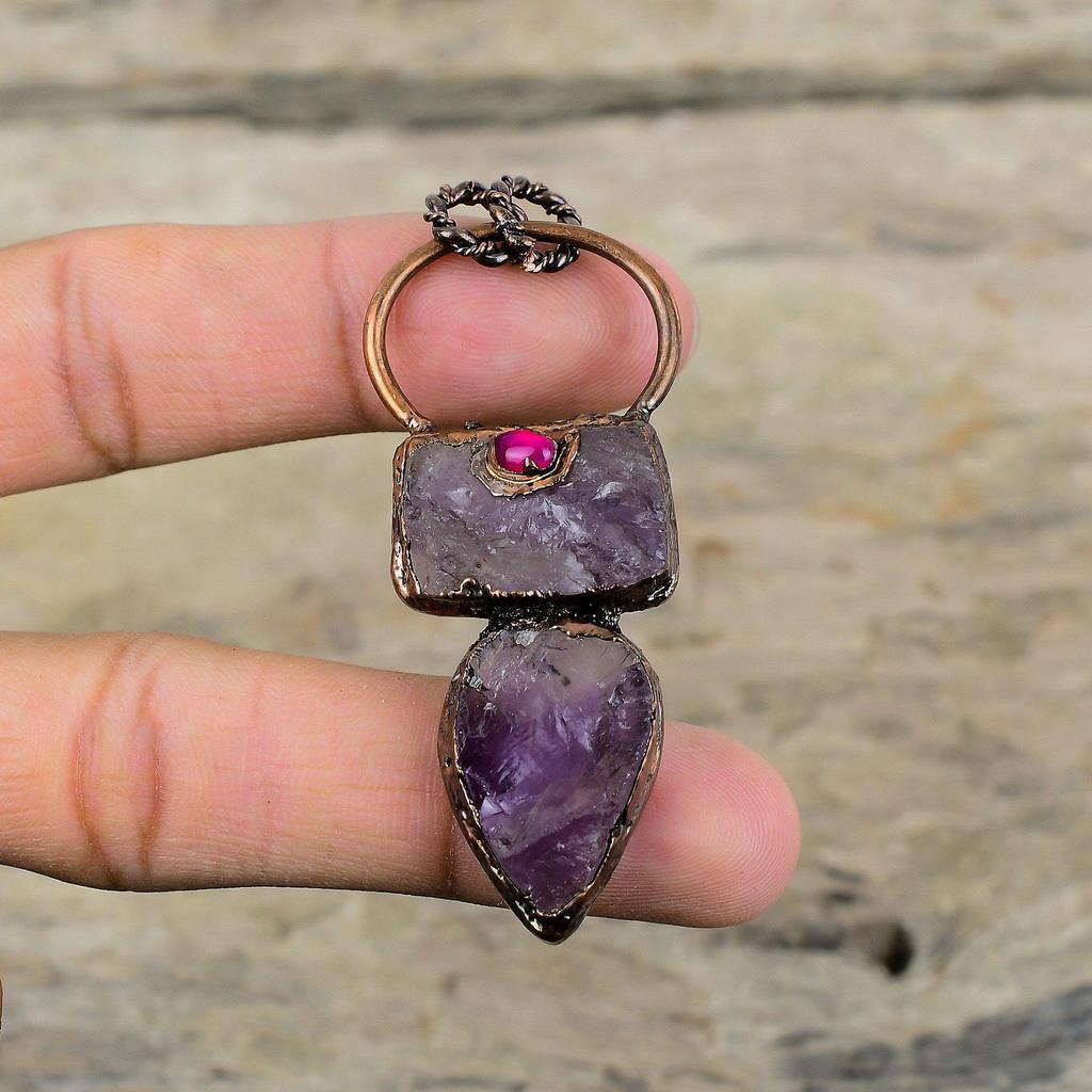 African Amethyst Rough Pendant Electroformed Copper Pendant Pink Tourmaline Pendant Gemstone Jewelry For Gift Handmade Electroformed Jewelry
