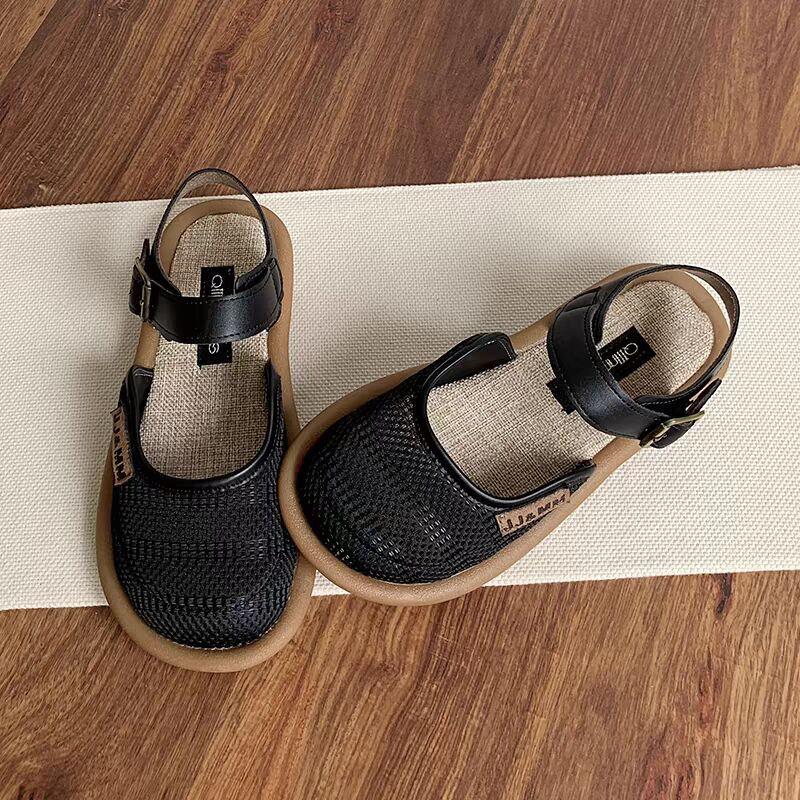 Women's Breathable Mesh Closed-Toe Linen Sandals - Hollow Design, Single Strap, Plus Size Available
