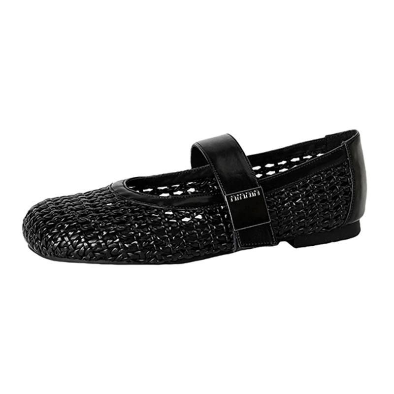 Fashion Women's New Leather Cowhide Woven Hollow Breathable Round Head Metal Belt Buckle Low Heel Plus Size Mary Jane Casual Single Shoe