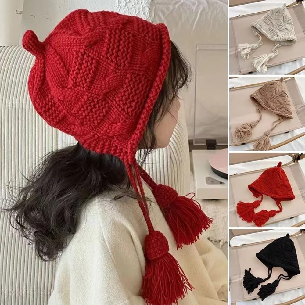 Windproof Knitted Wool Hat Tassel Warm Headgear Fashion Ear Protection Cap  Winter