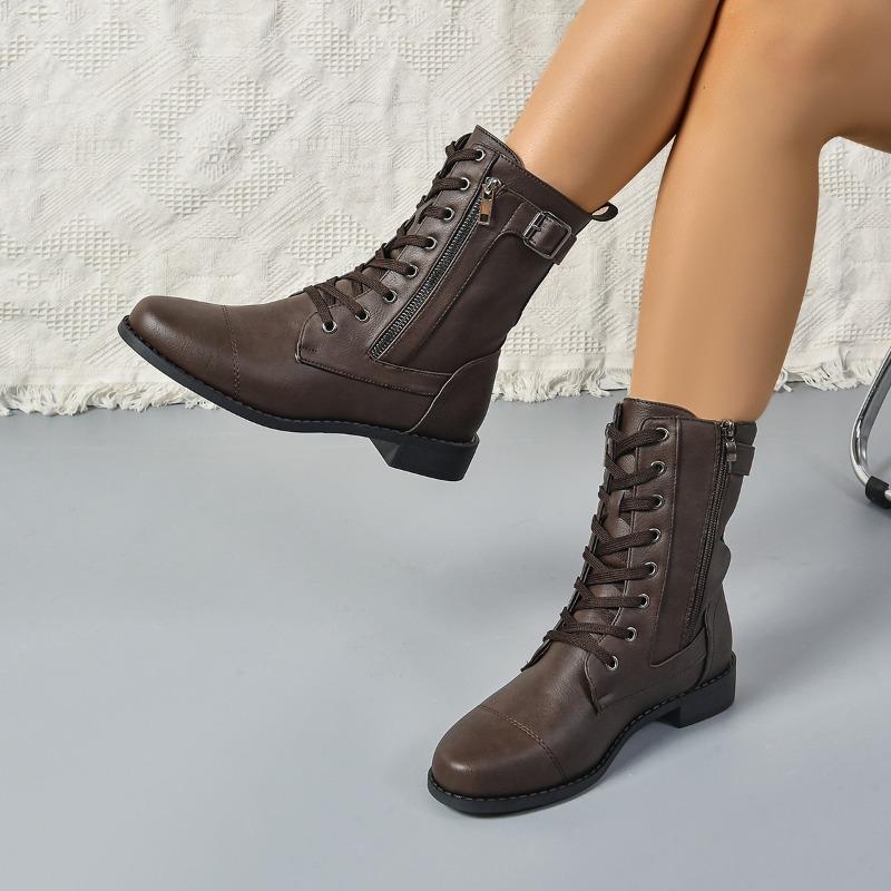 Fashion New Roman Women's Boots for Autumn and Winter Retro Round Toe Cross Lace-Up Anti-Slip Wear-Resistant Low Heel Mid-Leg Boots