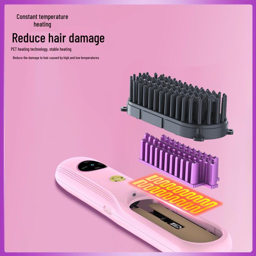 Portable Rechargeable Wireless Straightening Comb with Negative Ion Hair Care, Curl and Straighten Dual-Function Beauty Device