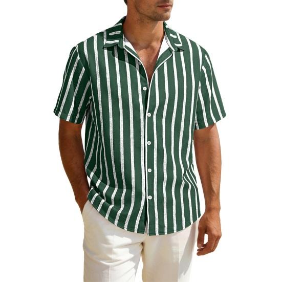 Men Striped Summer Shirt Short Sleeve Turndown Collar Button-up Shirt Casual Loose Fit Holiday Shirt for Beach Party Vacation Date