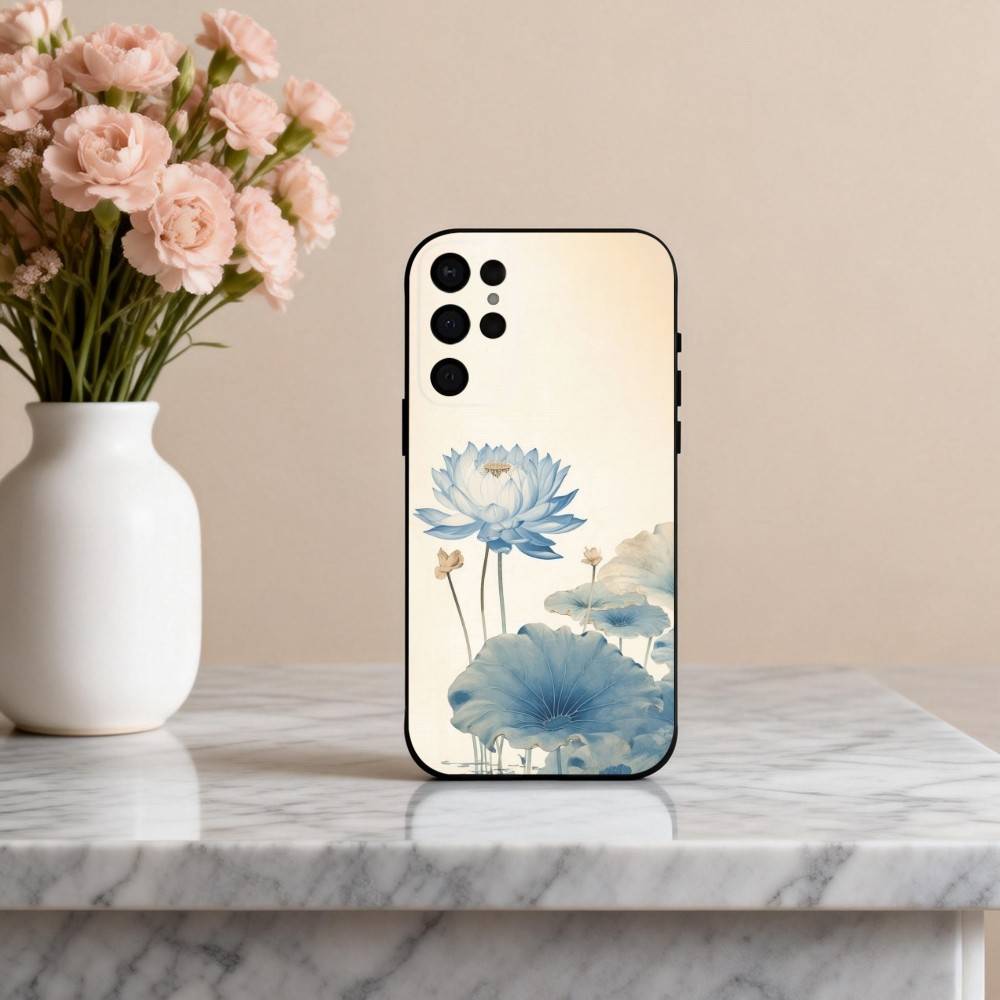 E-Emerald W-White Lotus Phone Case For Samsung S25,24,23,22,30,21,10,9,Ultra,Plus,Lite,FE,4,5 G Soft Black Case