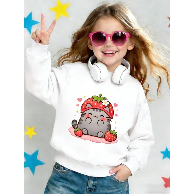 European sizes Cute Cat Print Kids' Spring Crew Neck Sweatshirt, Comfortable Thin Design, Ideal Choice for Outdoor Wear, Ages 0-3