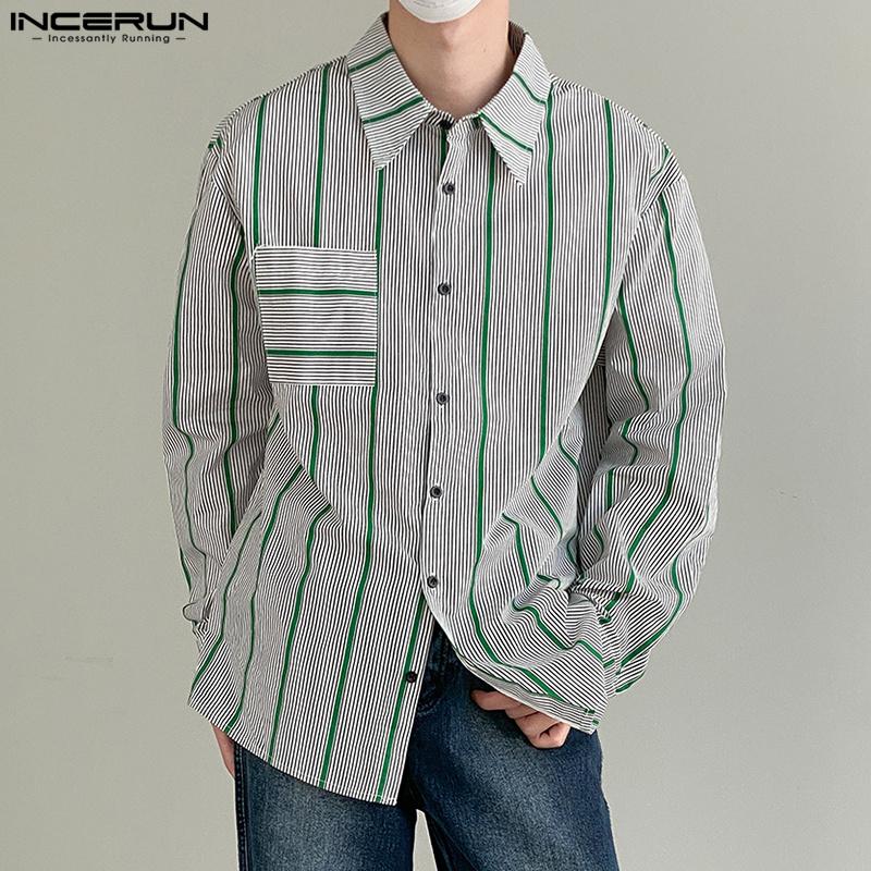 

INCERUN Весенние мужчины Полосатые рубашки с длинными рукавами Топы