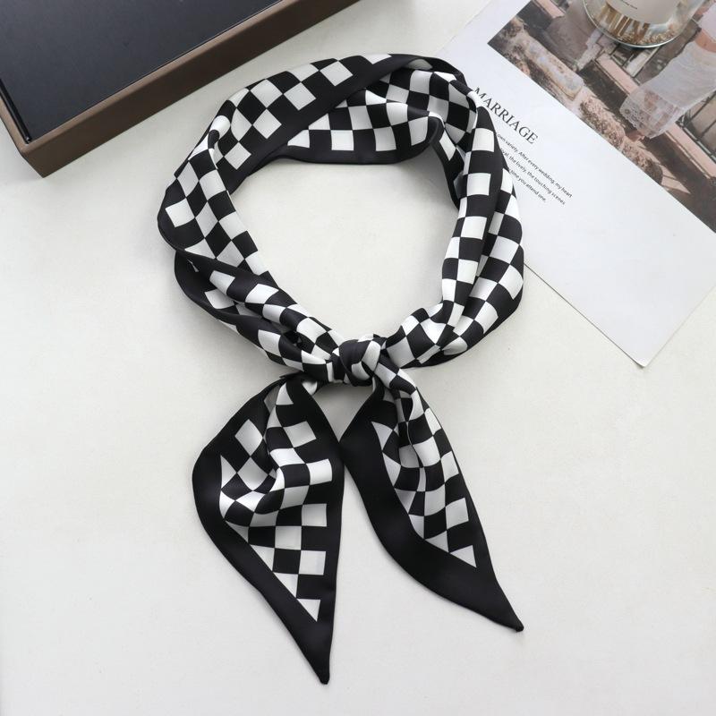 

Spring/Summer Chessboard Print Ribbon Shirt Paired Scarf For Women Classic Thin Neckerchief Decorative Imitation Silk Headband