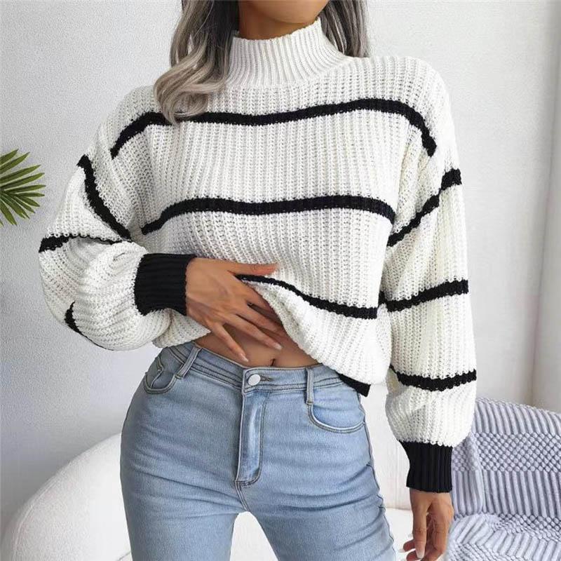 

Модные женские свитера 2023 Осень Зима Новый однотонный свитер с длинными рукавами Свободный теплый пуловер с высоким воротом Трикотажные топы One Size белый