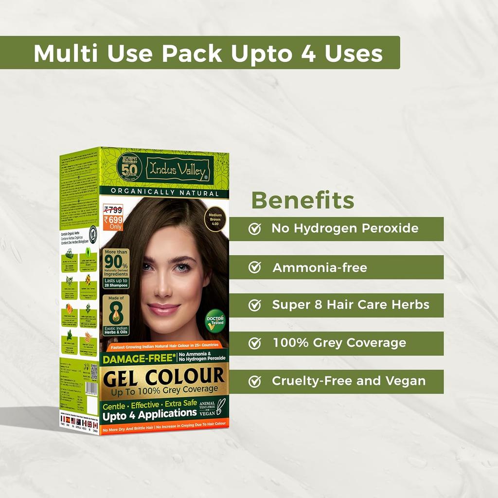 INDUS VALLEY Natural Gel Hair Colour for Women Medium Brown 4.00-220 ml, Ammonia & PPD Free, 100% Grey Coverage, Long Lasting Conditioning Hair Color