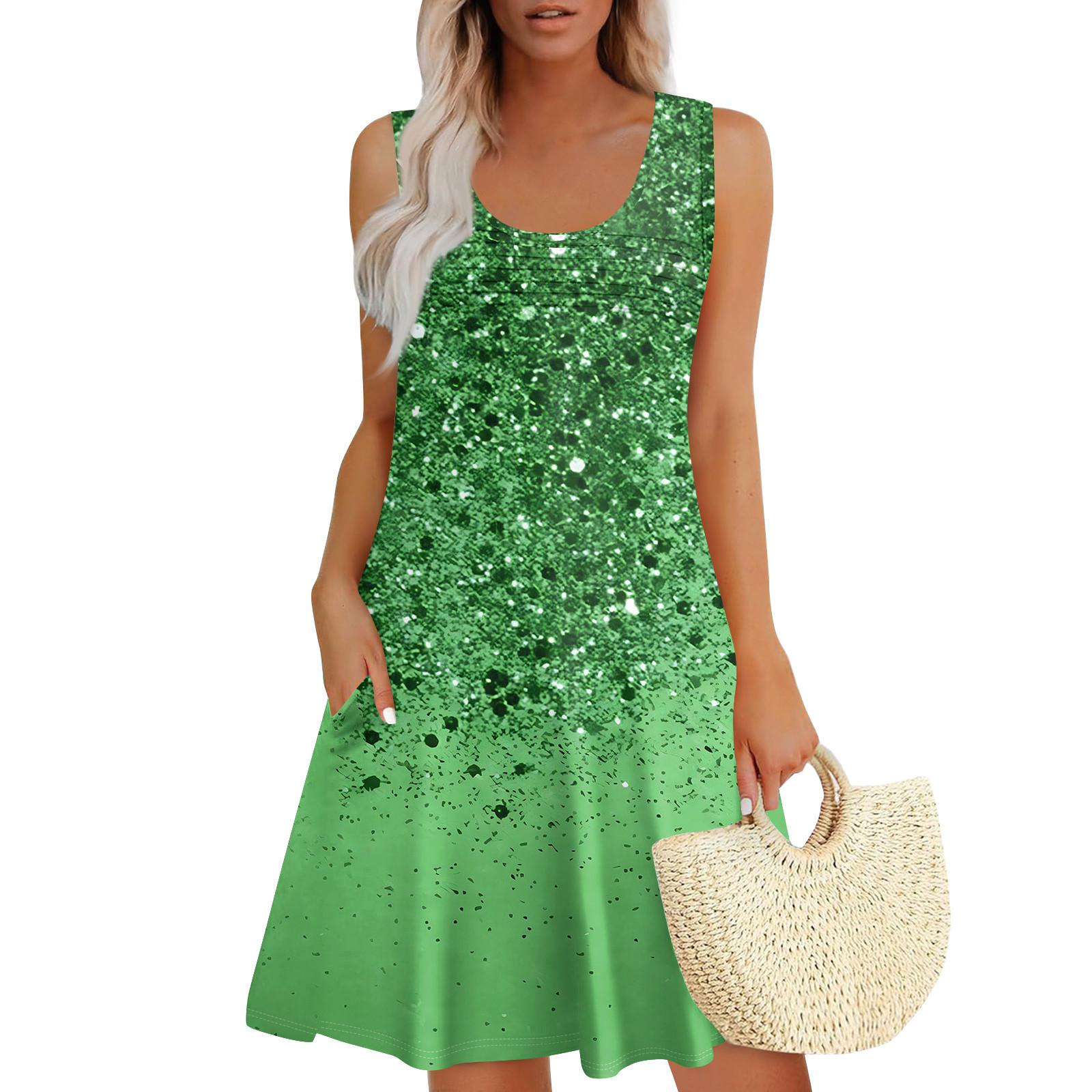 

Женские летние платья, свободные сарафаны без рукавов с U-образным вырезом и карманами L зелёный