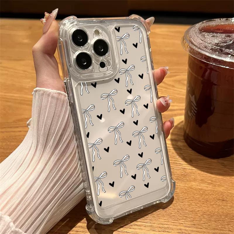 Barevný růžový potisk mašle Průhledný kryt na telefon pro iPhone 11 12 13 14 15 16 Pro Max SE XR X XS 7 8 16 Plus Nárazuvzdorný kryt